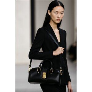 Francesco Rogani Black Leather Structured Handbag Gold Hardware Top Handle